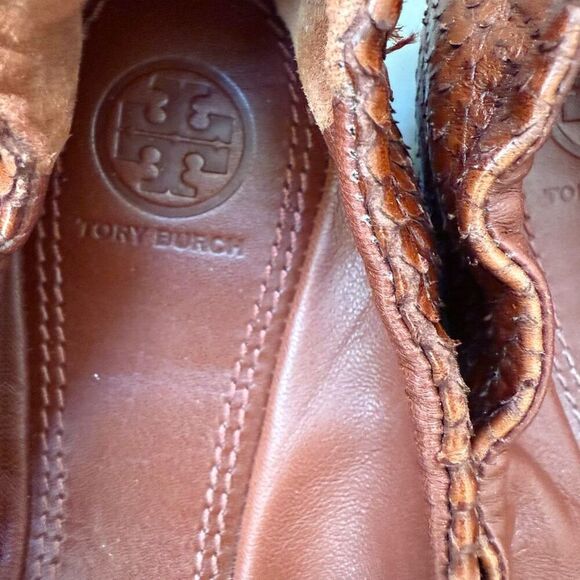 Tory Burch York Brown Leather Python Scale Cap Toe Ballet Flats Sz 8 - Picture 6 of 7